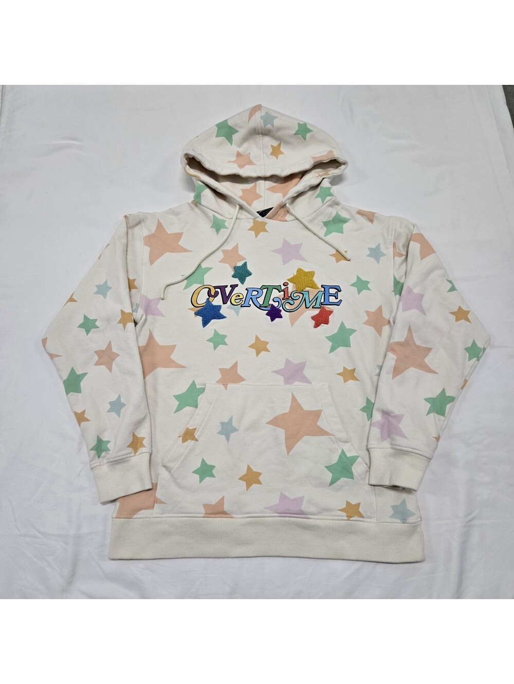 Size SMALL Overtime Cream Hoodie Multicolor Graphic Stars Chenille Sweatshirt